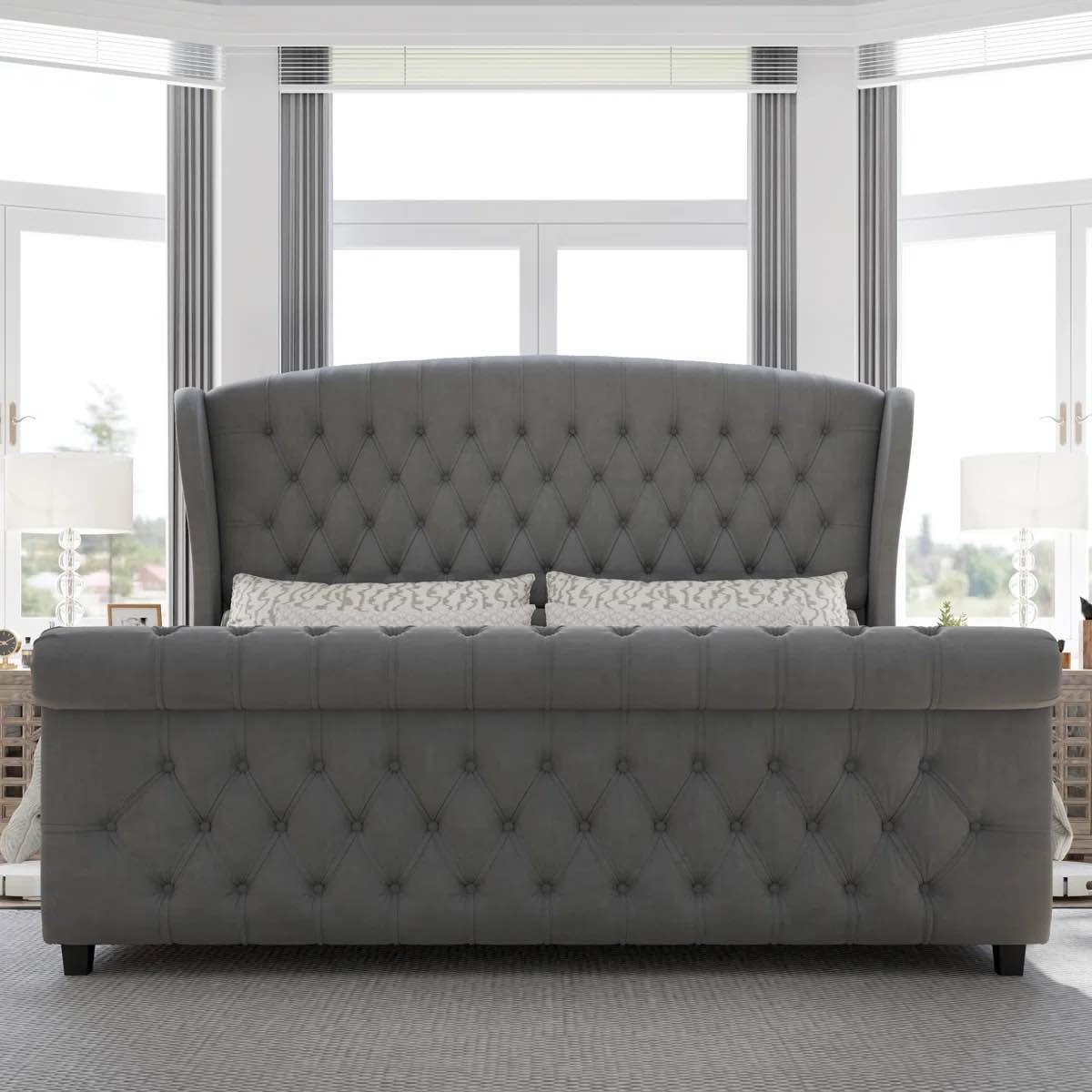 Dulane Chenille / Velvet Upholstered Sleigh Bed with Scroll Wingback Headboard/ Gray