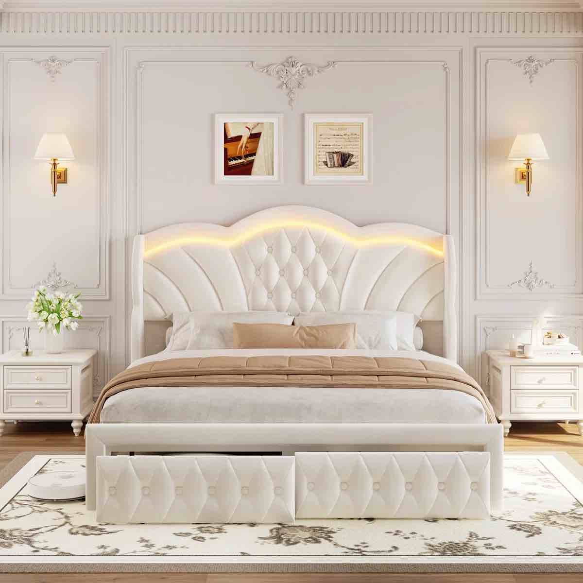 Velvet Upholstered Wingback Bed, Storage Bed with LED Lights