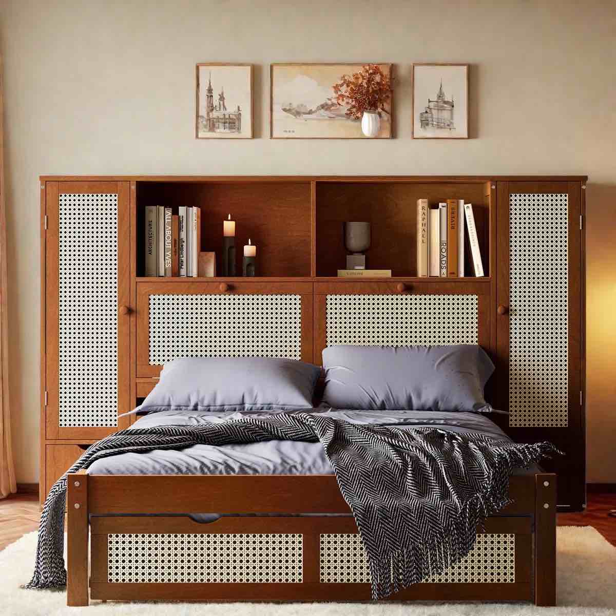 Wooden Platform Bed With Natural Rattan, Two Storage Lockers, A Drawer And Storage Shelves