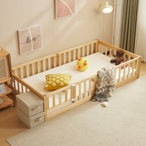 Montessori Floor Bed Frame, Twin Size Bed with Fence and Door, Wooden Platform Bed