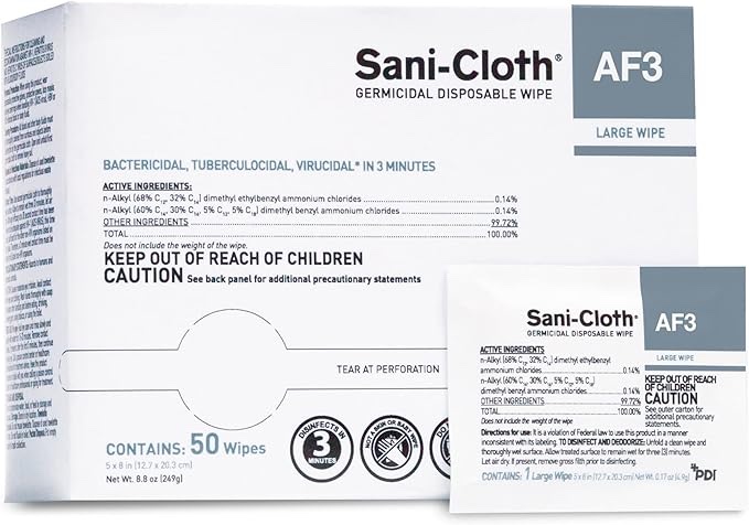 PDI H59200 Sani-Cloth AF3 Wipes, Large Individual Packets, 5" x 8", Fragnance free, White Case Of 500 Wipes