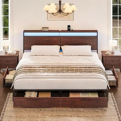  Garden King Bed Frame with Headboard and 4 Storage Drawers LED Bed Frame