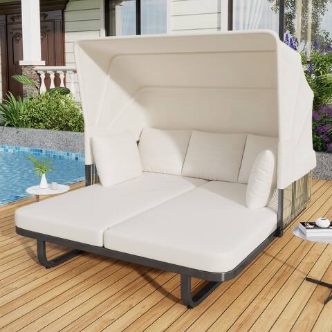 57" Outdoor Patio Daybed Rattan Daybed - Cream