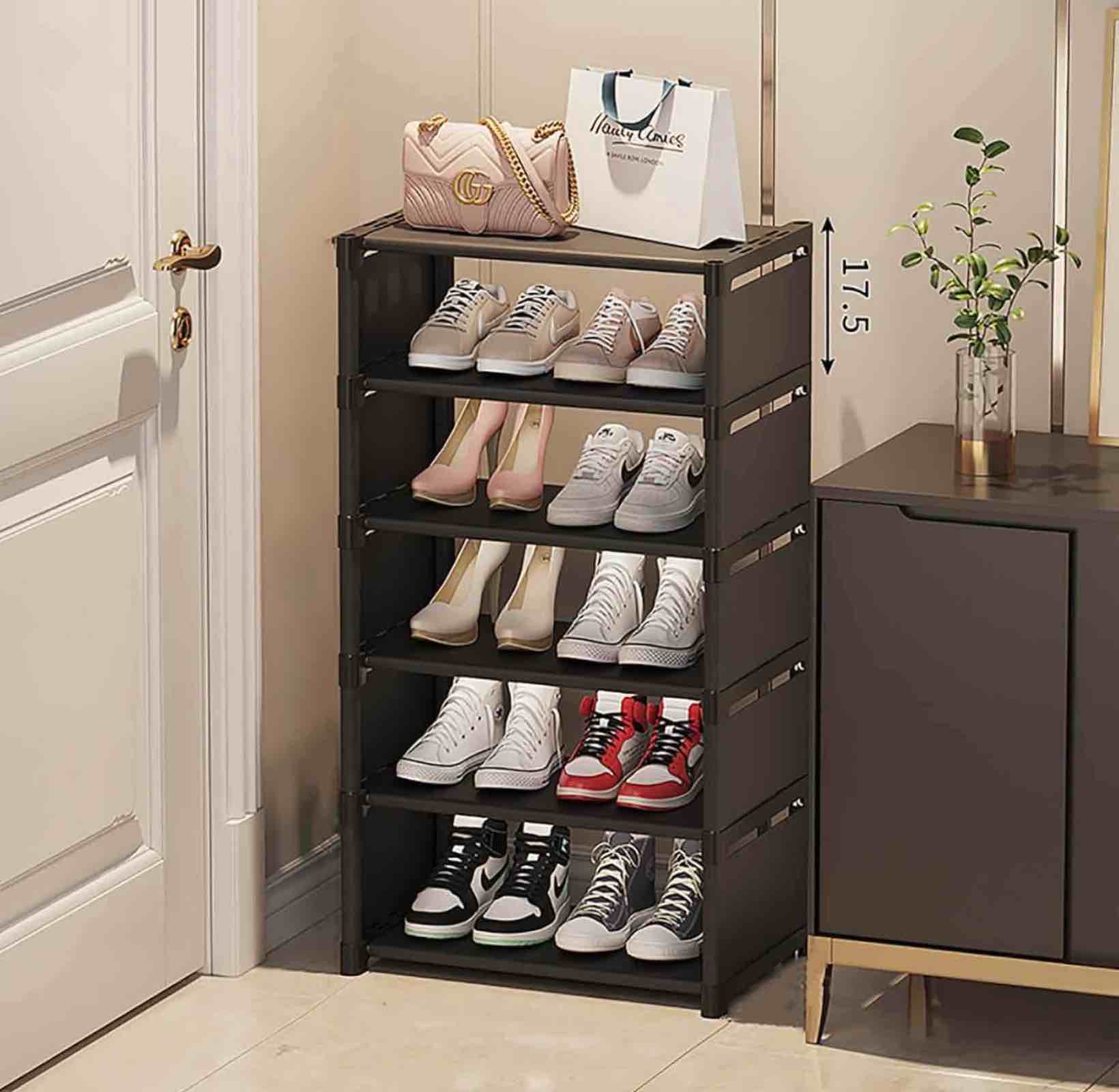 6 Layer Shoe Cabinet, Narrow, Multilayer Small Shoe Rack, Large Capacity Storage, Shoe Boxes Stackable for Hallway, Bedroom, Entrance (Black )