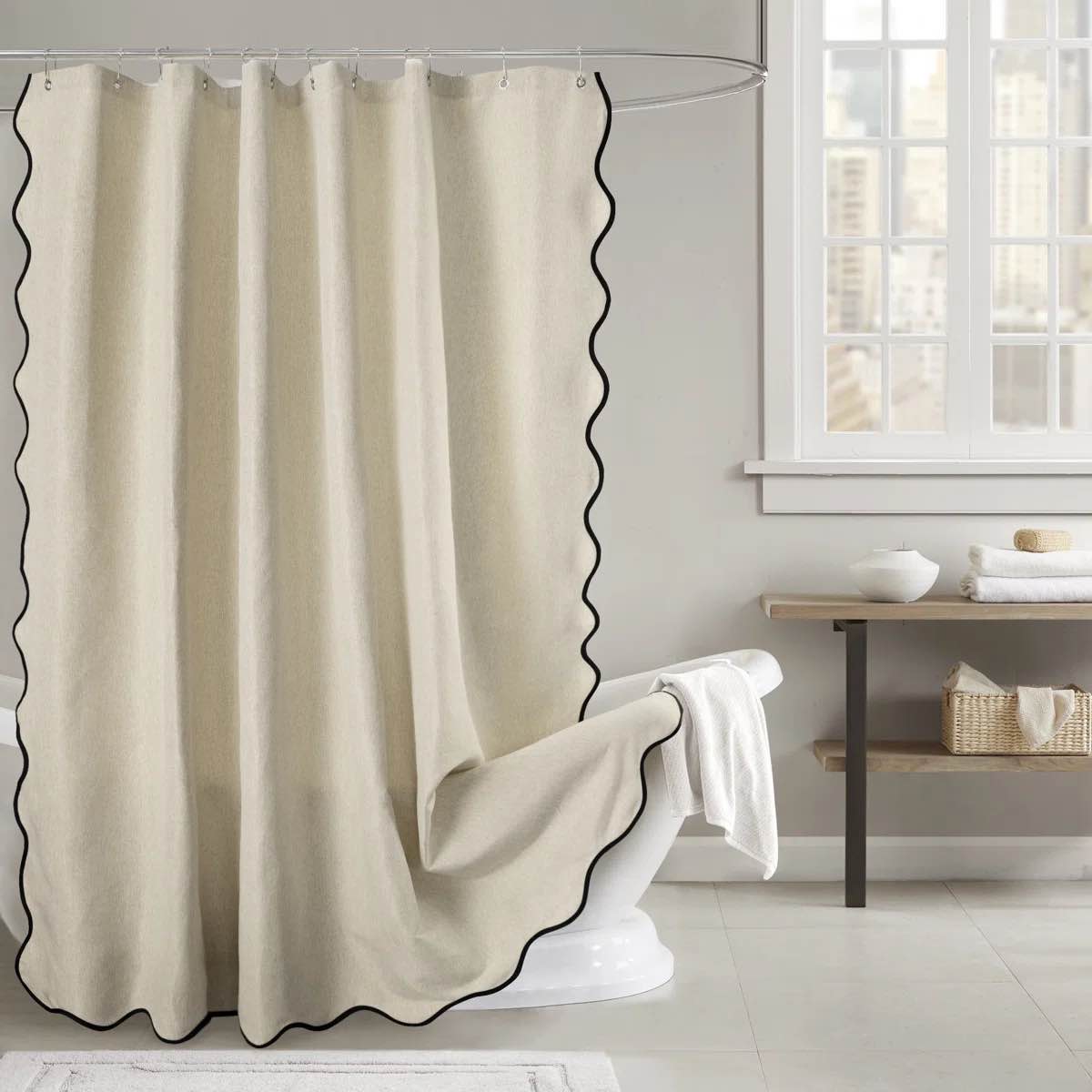 Farmhouse Linen Textured Scalloped Edge Shower Curtain