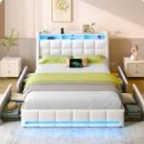 Uphoistered Platform Bed Frame with Wingback Headboard, LED Light Queen 