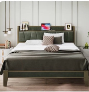 Dark Green Upholstered Platform Bed With Storage Headboard & Charge 