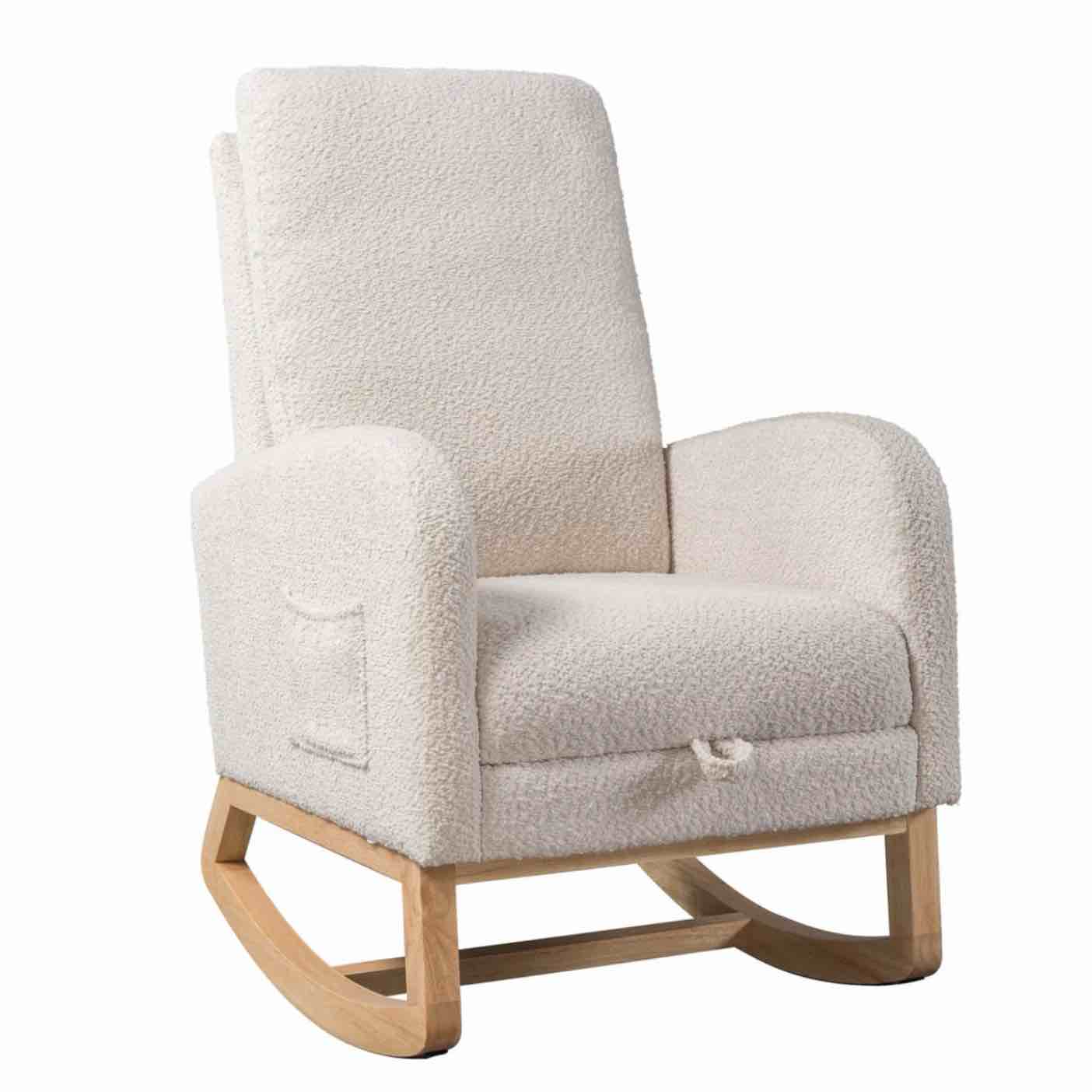 25.4'W Ivory Rocking Chair for Nursery, High Back Glider with Retractable Footrest, Boucle Upholstery, Rubber Wood Legs SKU: W3188P282078