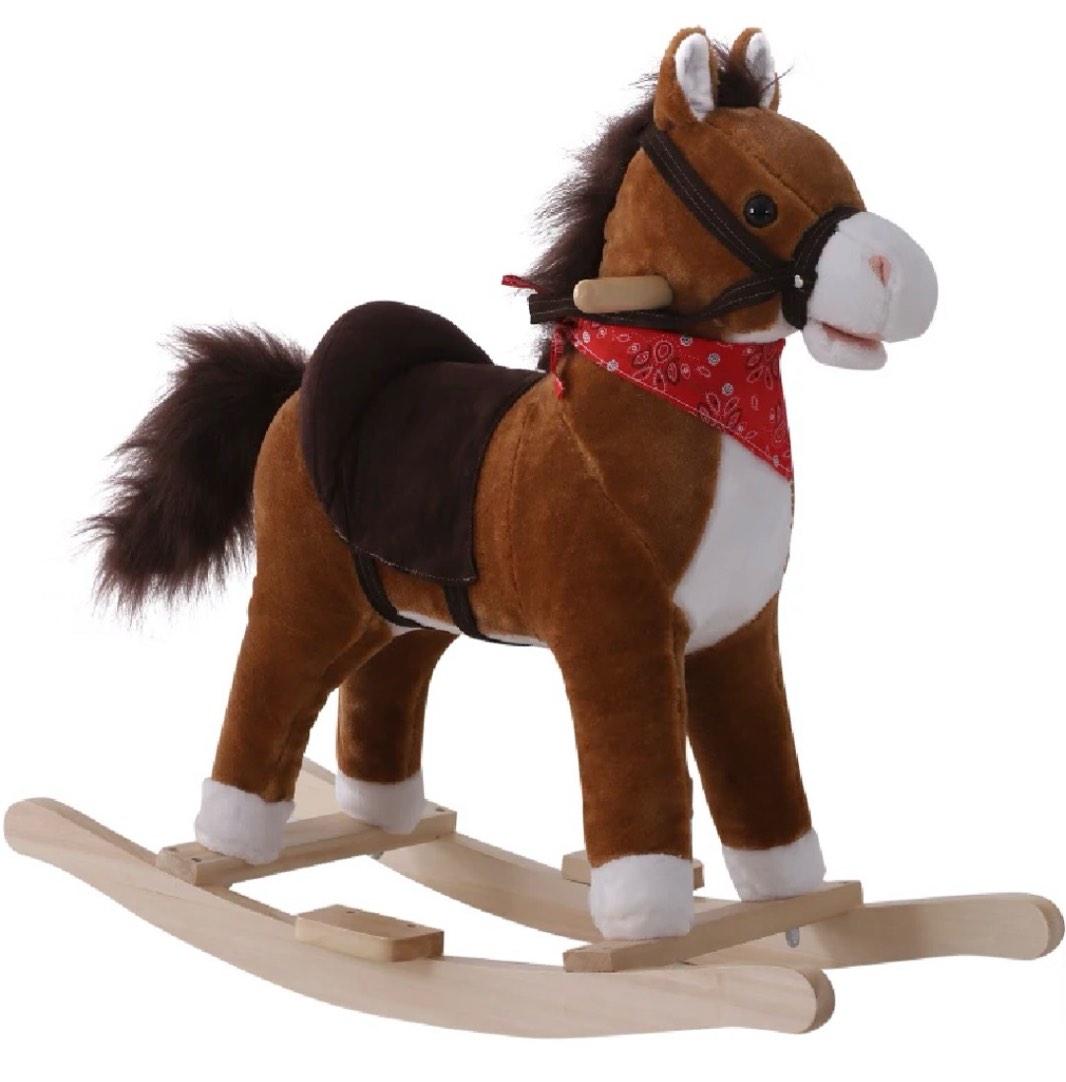 Qaba Kids Ride on Rocking Horse Plush Toy with Realistic Sounds and Red Scarf for Over 3 Years Old Birth Gift