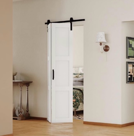 SOLRIG Bi-Fold Sliding Barn Door 30"?15" x2? x 84", 3 Lites Tempered Frosted Glass Panel with Sliding Hardware Kit Set, Pre-drilled Closet Door Slab, 2.83FT Track for 2 Doors, MDF, White