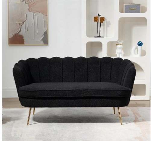 Boucle Loveseat with Gold Metal Legs , 59" Wide Small Sofa Couch Settee Upholstered Chair, 2 Seater Small Loveseat for Small Spaces, Living Room,Office,Studio Apartment Bedroom?Black?