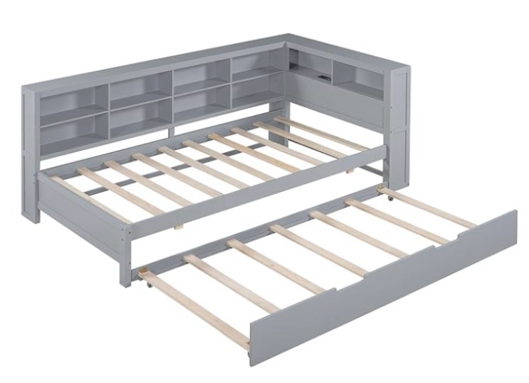 Wooden Twin Daybed with Trundle and Storage Shelf, Twin Size Daybed Frame with Charging Station, for Bedroom, Guest Room Grey 