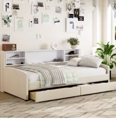 Beige Twin Size Upholstered Platform Bed with Storage Drawers