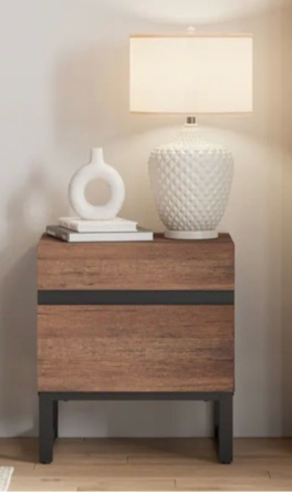 WAMPAT Modern Nightstand with 2 Drawers, Farmhouse BedsideTable with Black Square Iron Leg, Wood Rustic Side End Table