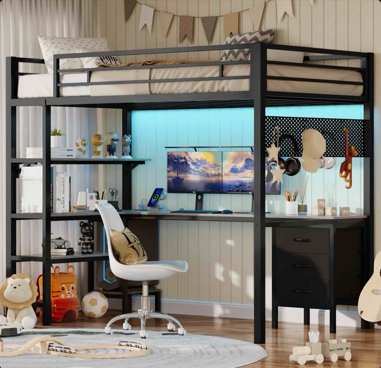 Twin Size Loft Bed With L-shaped 
