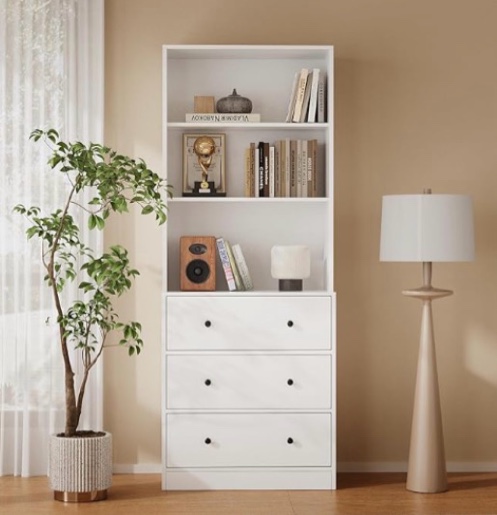 TUSY 71'' Wood Bookshelf with 3 Drawers - 6 Tier Freestanding Tall Storage Cabinet, Modern Floor Cabinet for Bedroom, Curio Cabinets with Storage for Living Room, Home Office (1, White