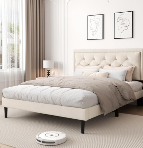 CXVX Queen Size Platform Bed Frame with Upholstered Velvet Button Tufted Headboard, Mattress Foundation with Wooden Stat