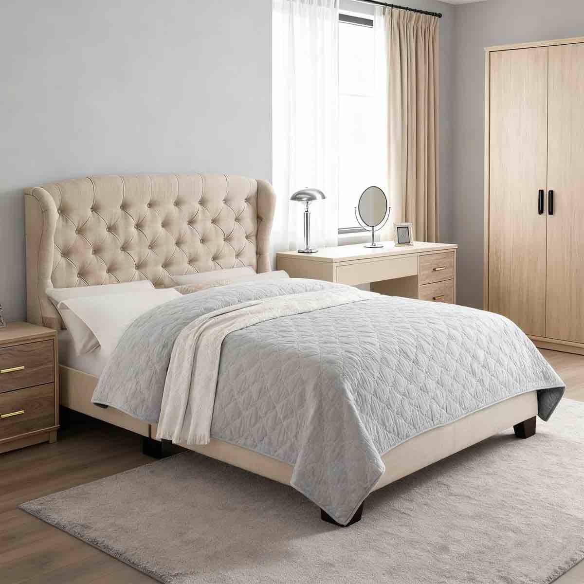 Fabric Upholstered Bed,Tufted Headboard Adjustable Height Bed Frame