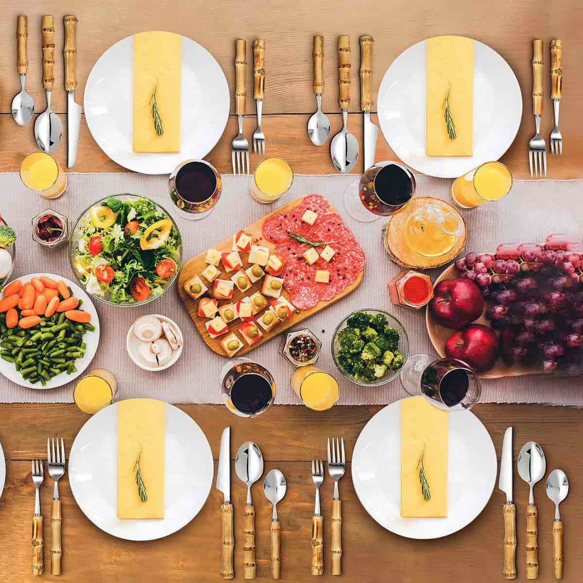 Bamboo Handle Flatware Set, 18/8 Stainless Steel Cutlery For 12, 60 Pieces Silverware Set For Kitchen Dining