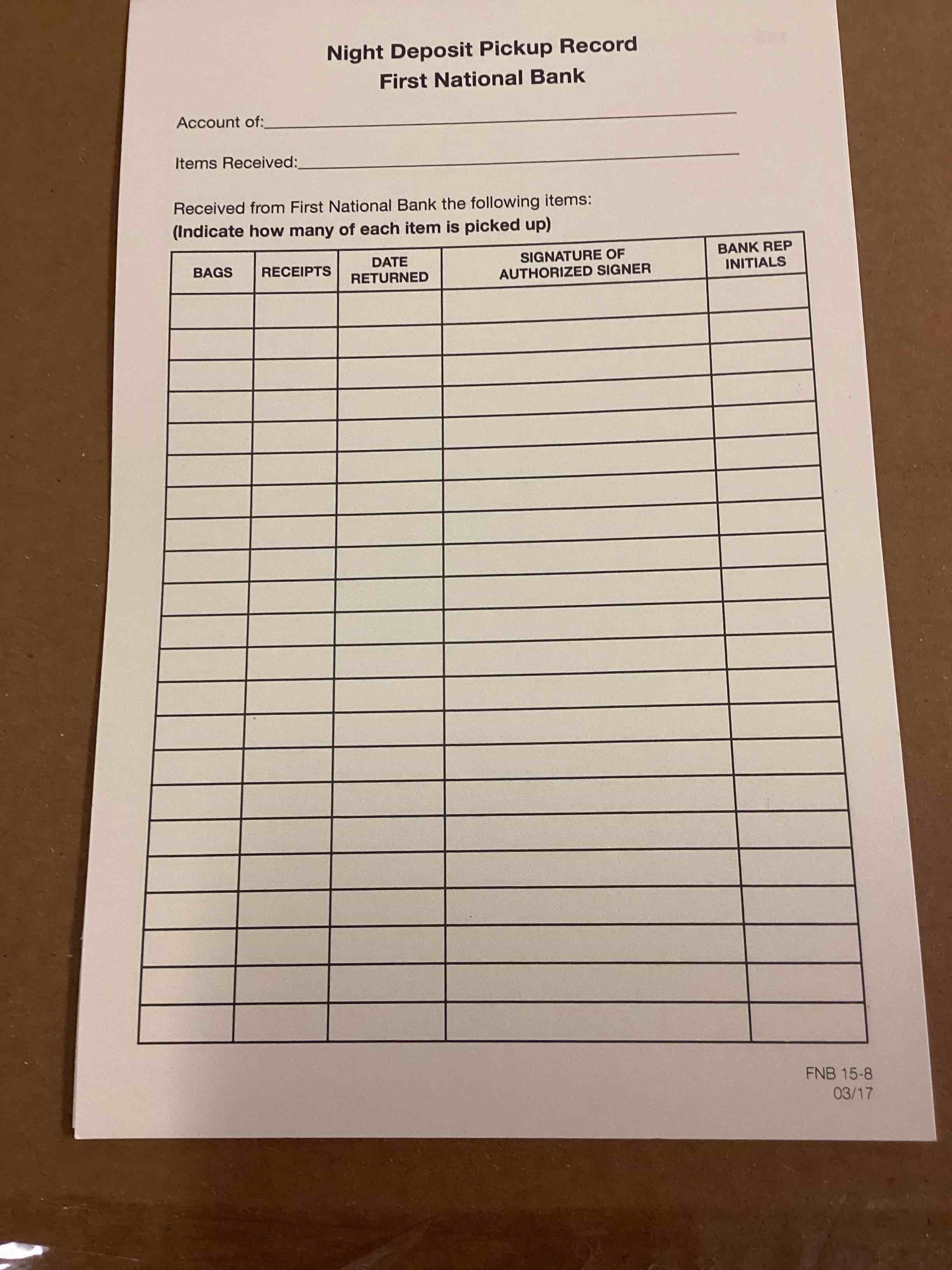 Night Deposit Pickup Record" for "First National Bank Pack 
