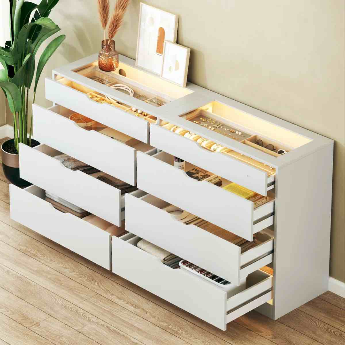 8 drawer dresser with glass display top white