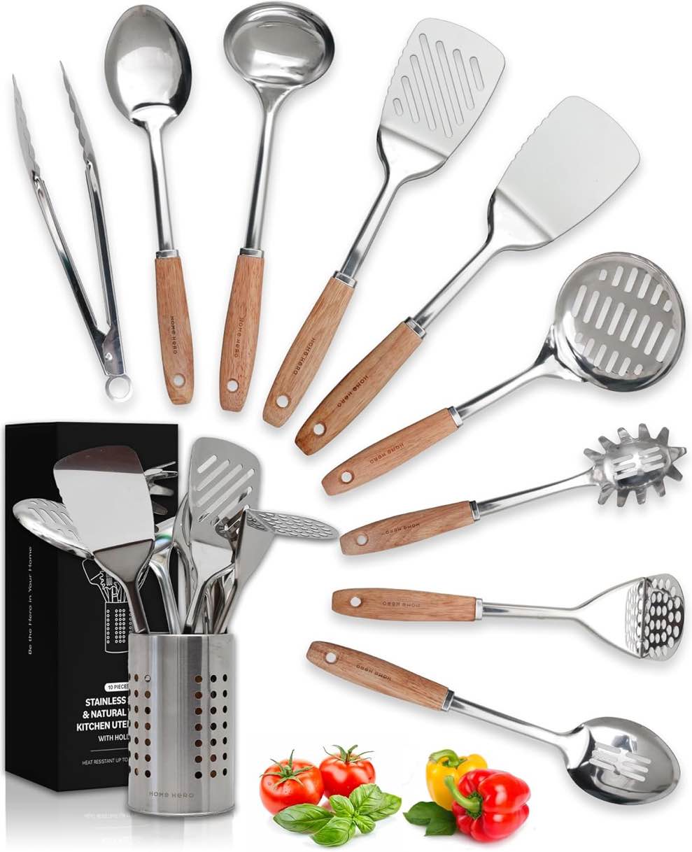 Home Hero 10 Pcs Stainless Steel Cooking Utensils Set - Wood Metal Kitchen Utensils (Silver)