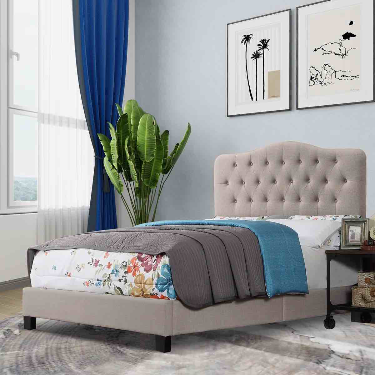 Upholstered Button-tufted Platform Bed Frame with Adjustable Height Headboard