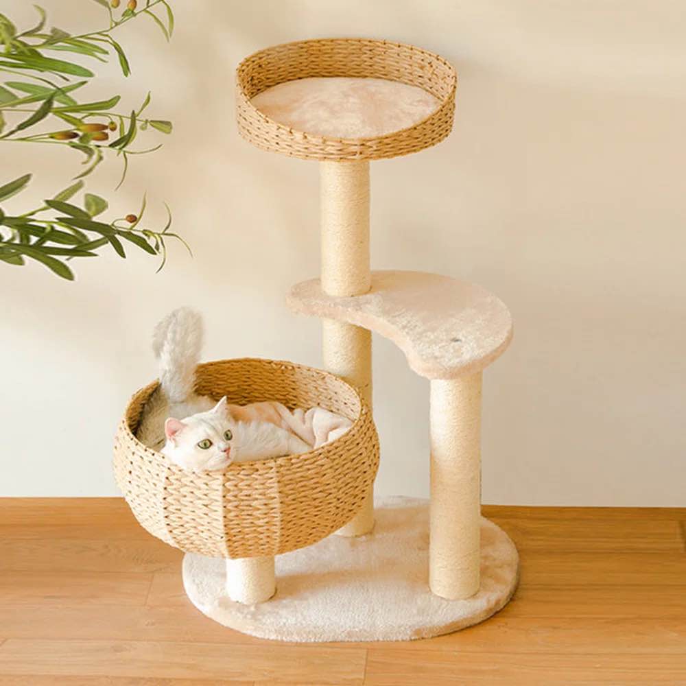 Handwoven Sleeping in the 35'' Cat Tree with Dual Cozy Baskets, Scratching Posts & Plush Perch