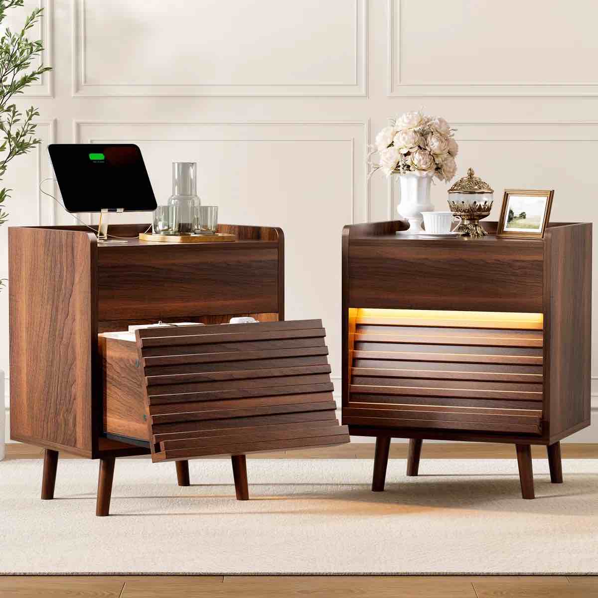 modern 2-drawer nightstand with outlets & led light