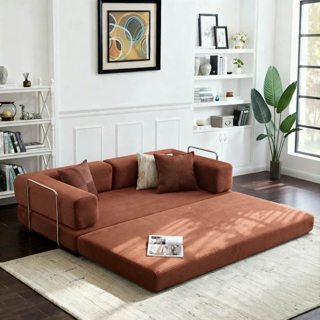 Fold Out Modular Sofa Bed Convertible Floor Sofa Couch Corduroy Folding Mattress Lounge Couch For Livingroom Bedroom Office No Assembly Required With Fixed-Shape Frame