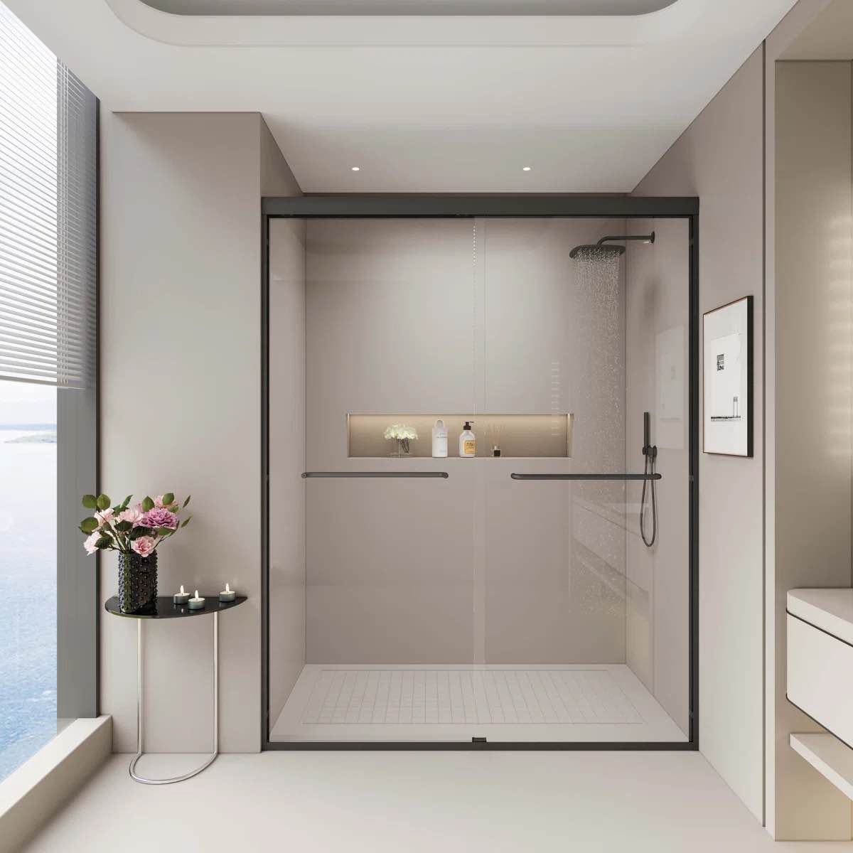 56-60 in. W x 72 in. H Double Sliding Shower Door, Semi-frameless Bypass Bathroom Sliding Door with 1/4" (6mm) Tempered Glass for Walk-in Shower, 24D03-60MBX Rongeng-W1573P239432