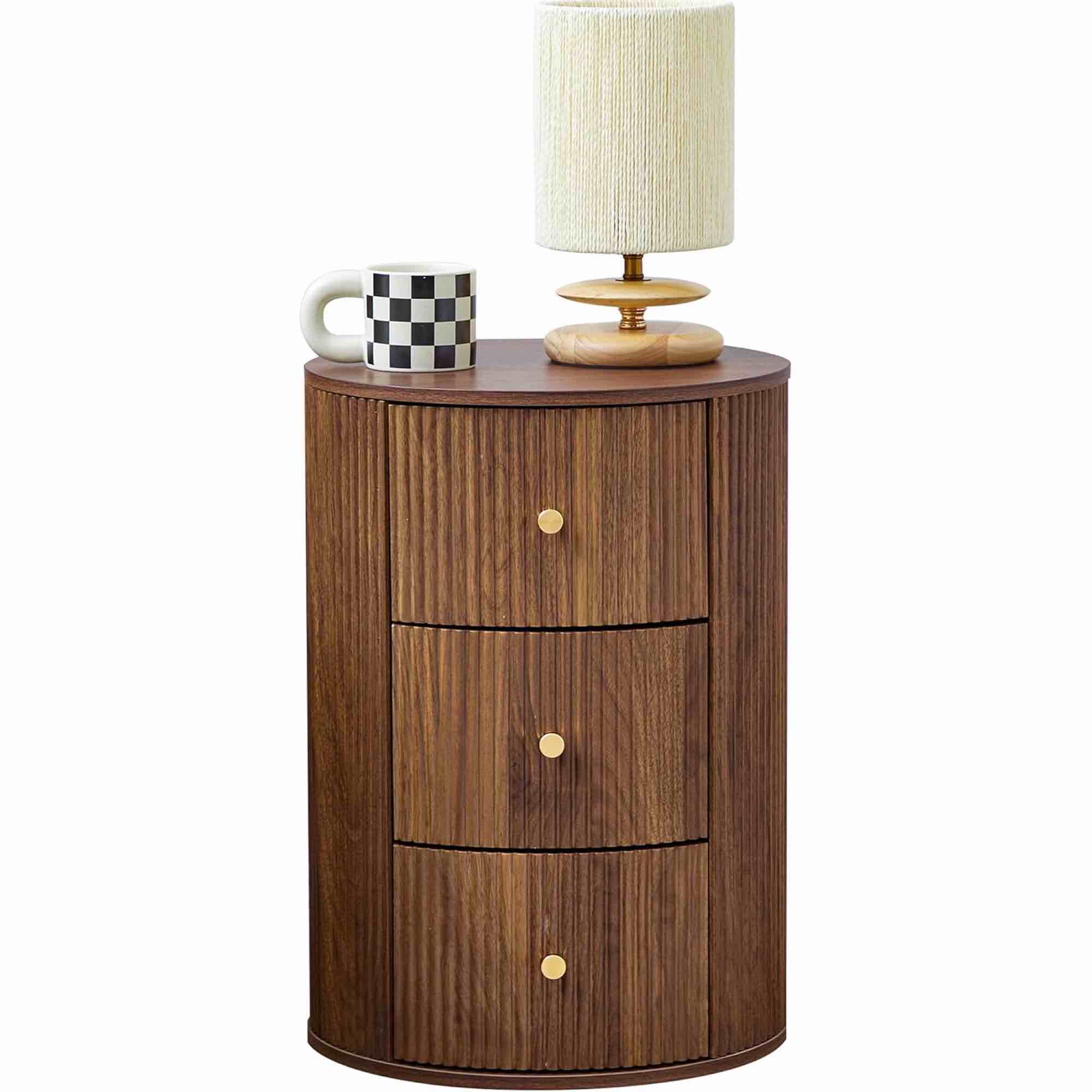 Fully Assembled Round End Table with 3 Storage Drawers, 15.75”Mid Century Side Table for Living Room, 3 Drawers Nightstand for Bedroom, Circle Sofa Bedside Table (Walnut-1 pc)