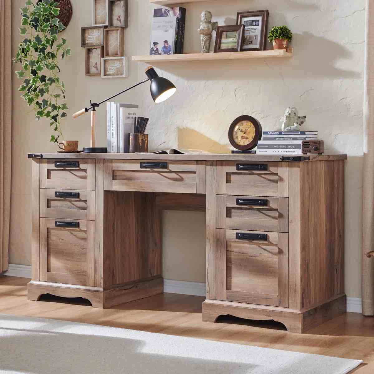 Deserey 60" Farmhouse Executive Desk With Drawers,Wood Home Office Desk With Charging Station