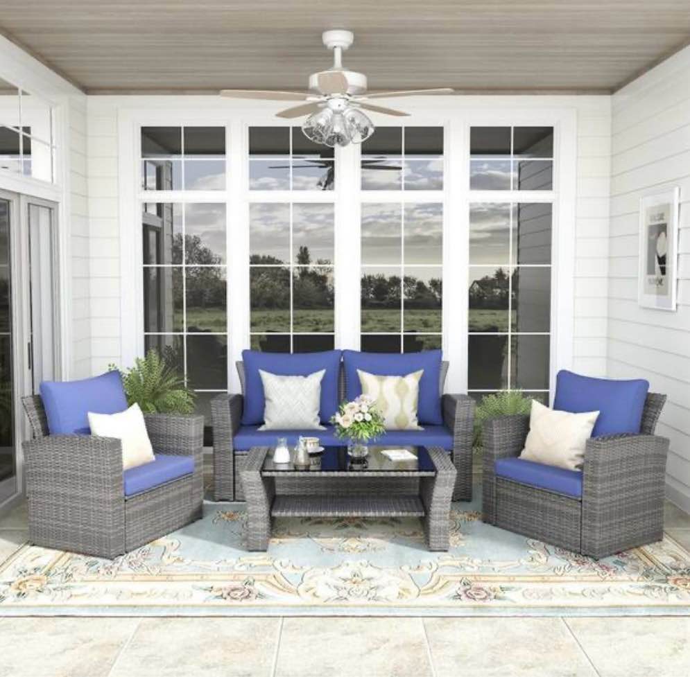 Wicker Patio Conversation Seating Set with Blue Cushions
