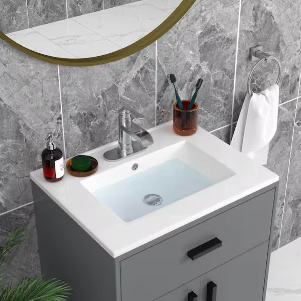 24 in. W x 18 in. D Porcelain Ceramic Drop In Single Bowl Bath Vanity Top Sink in White with 1 Faucet Hole and Overflow