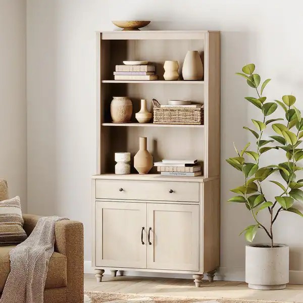 Beige Bookcase with Doors, Large Wood Farmhouse Book Case Shelf - 1 drawer and 2 drawers