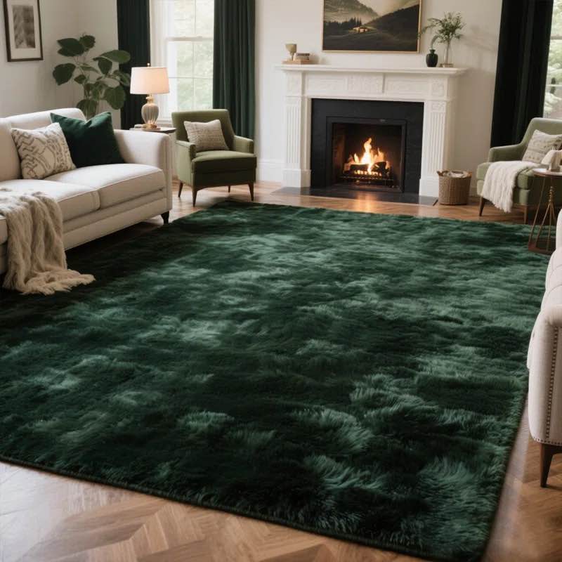 Stylish Fluffy Dark Green Plush Rug
