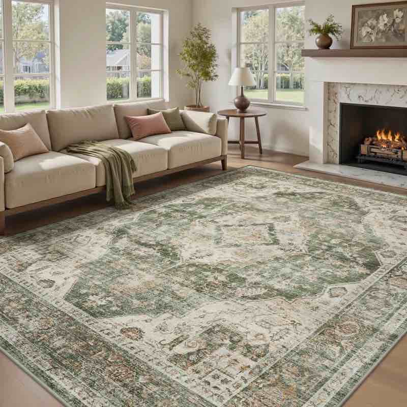 Vintage Soft Sage Green Machine Washable Oriental Area Rug For Living Room, Bedroom