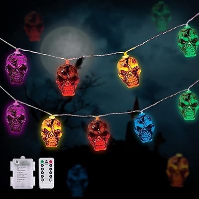 LUMINATERY Halloween Skull Lights, Battery Operated 8 Mode Skull String Lights with Remote Control, Pack of 30 LED Lights For Indoor Outdoor Decoration Color BLUE