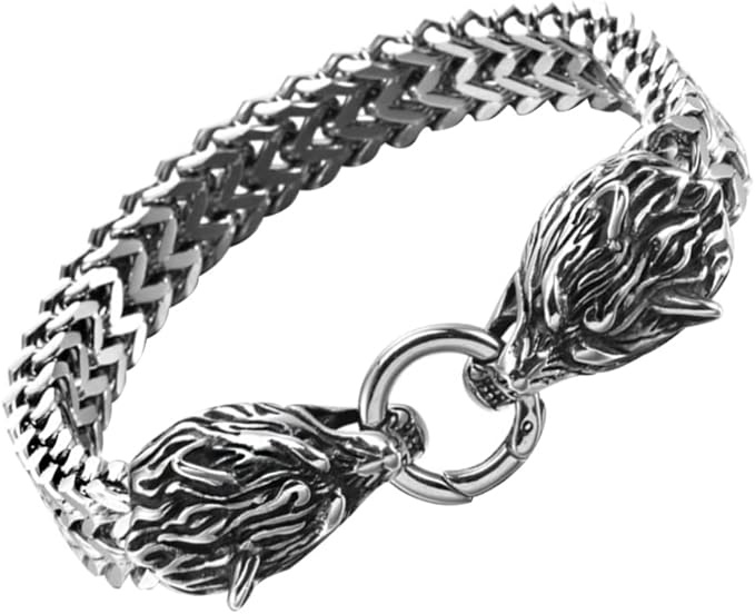Wolf Fenrir Bracelet, Vintage Nordic Scandinavian Celtic Pagan Amulet Jewellery, Stainless Steel Biker Curb Chain Wolf Head Link