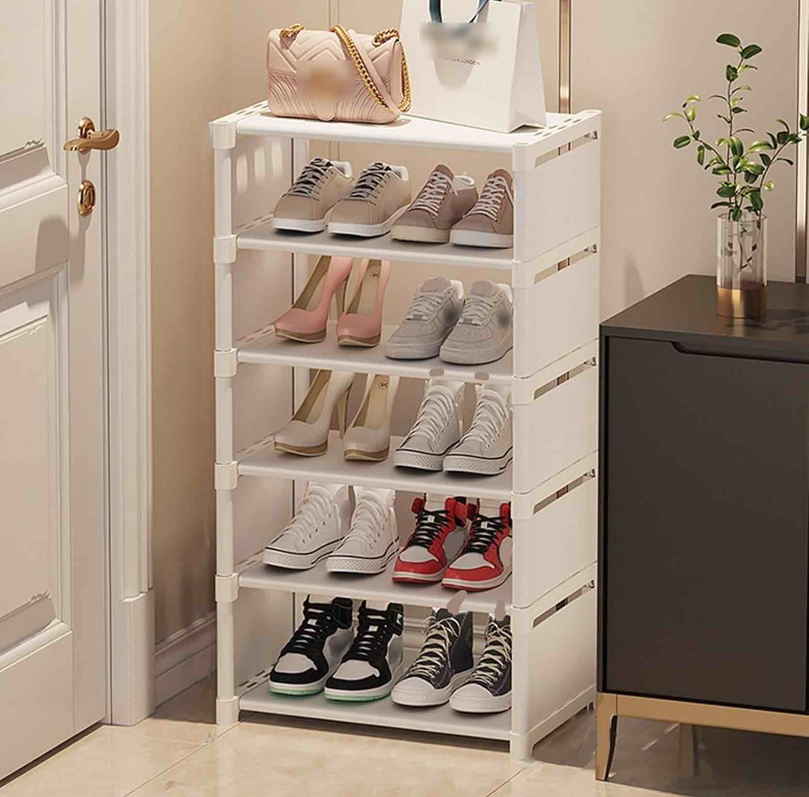 6 Layer Shoe Cabinet, Narrow, Multilayer Small Shoe Rack, Large Capacity Storage, Shoe Boxes Stackable for Hallway, Bedroom, Entrance (White Film)