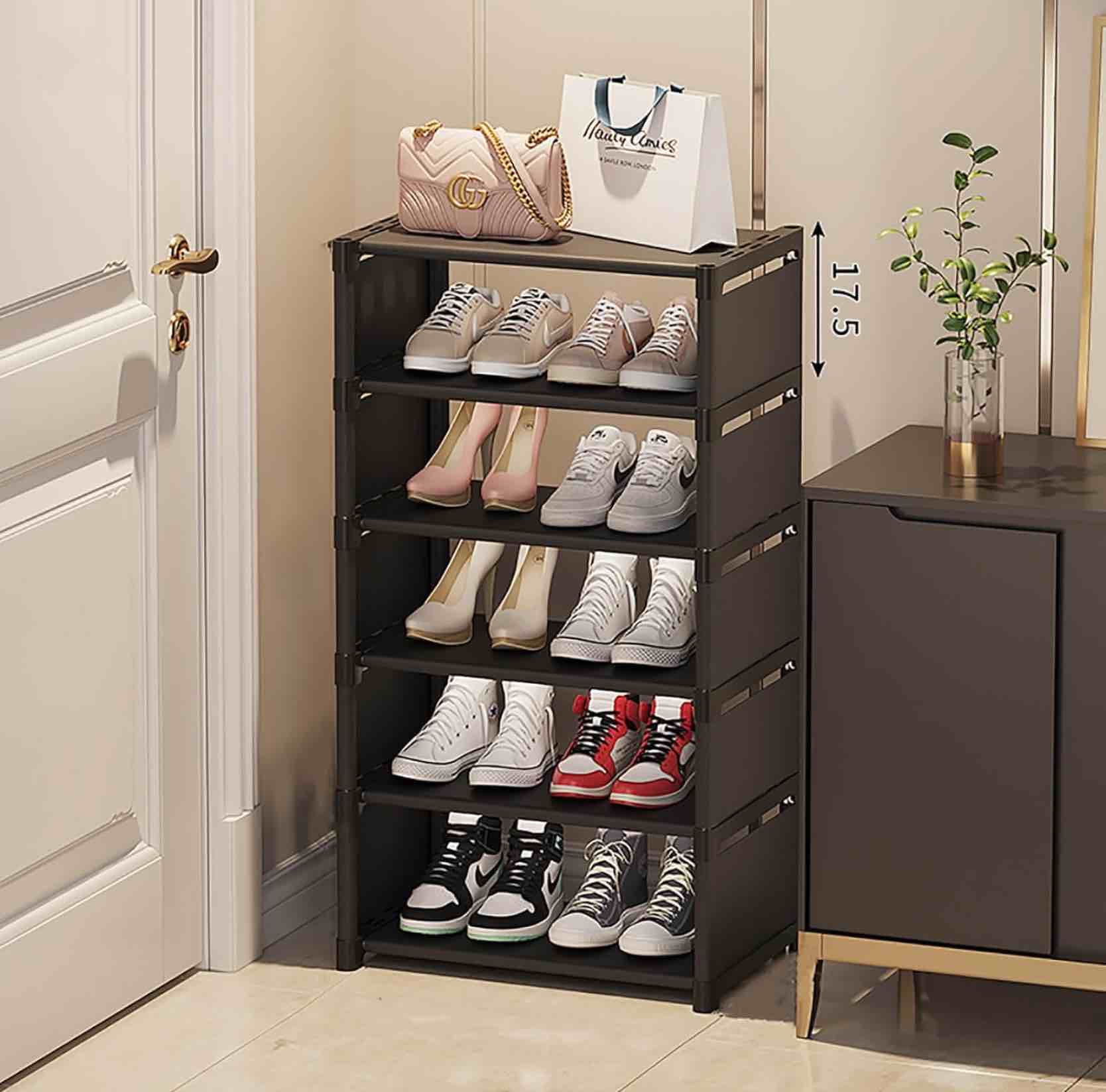 6 Layer Shoe Cabinet, Narrow, Multilayer Small Shoe Rack, Large Capacity Storage, Shoe Boxes Stackable for Hallway, Bedroom, Entrance (Black )