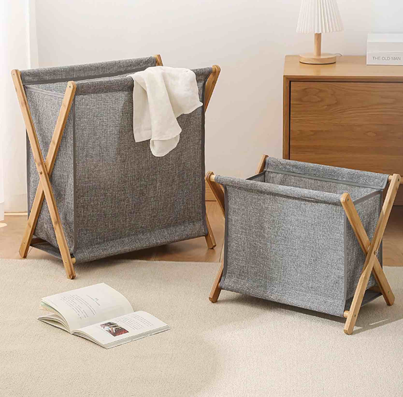 Large Laundry Basket, Collapsible X Frame Laundry Hamper, Cotton and Linen Laundry Baskets with Solid Wood Stand, for Clothes Toys in The Dorm 3 Pack (All Different Sizes)