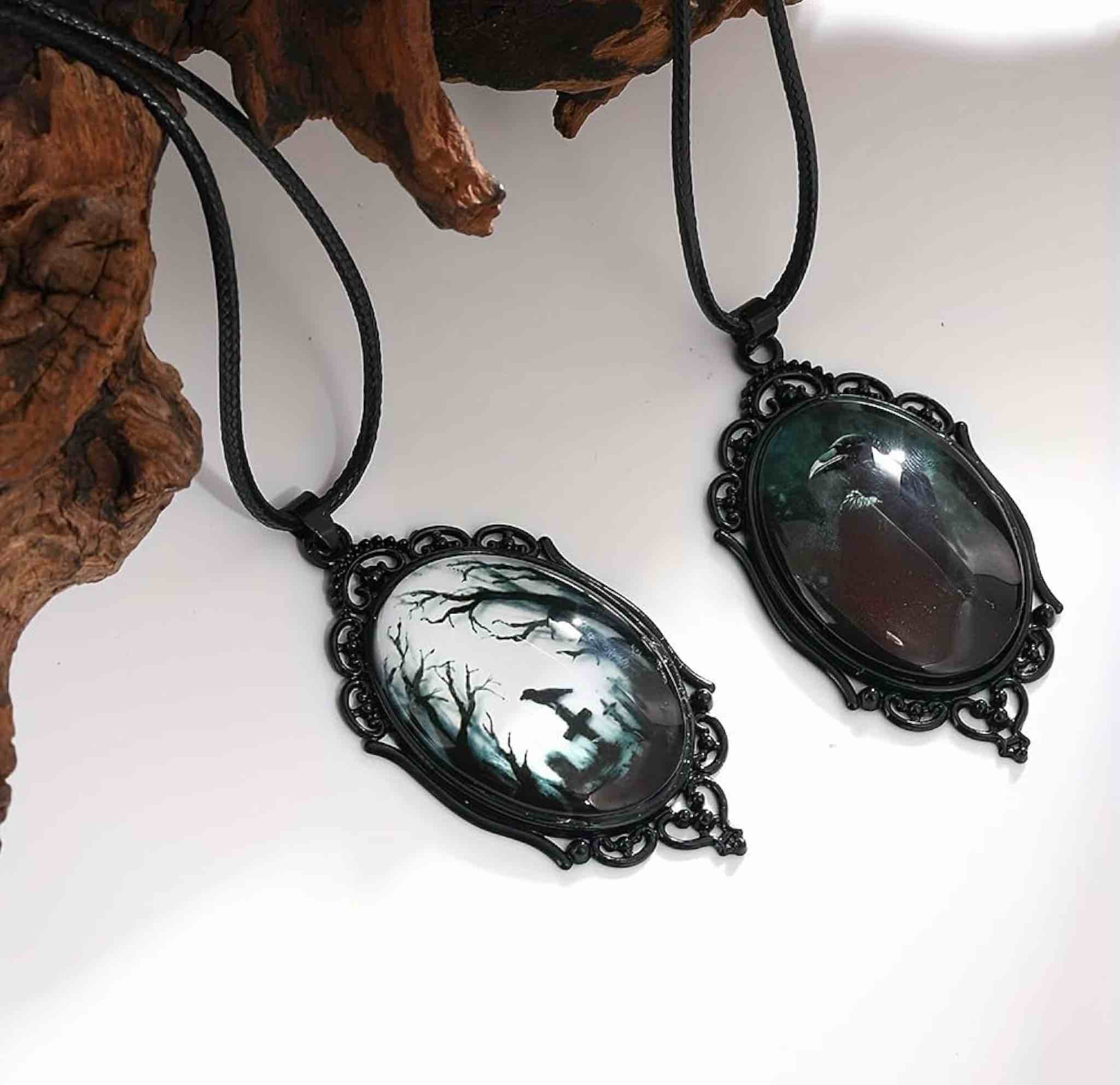 YWMAN 2pcs Goth Raven Cross Cameo Necklaces, Vintage Gothic Crow Cross Pendant, Halloween Witch Costume Accessories for Women