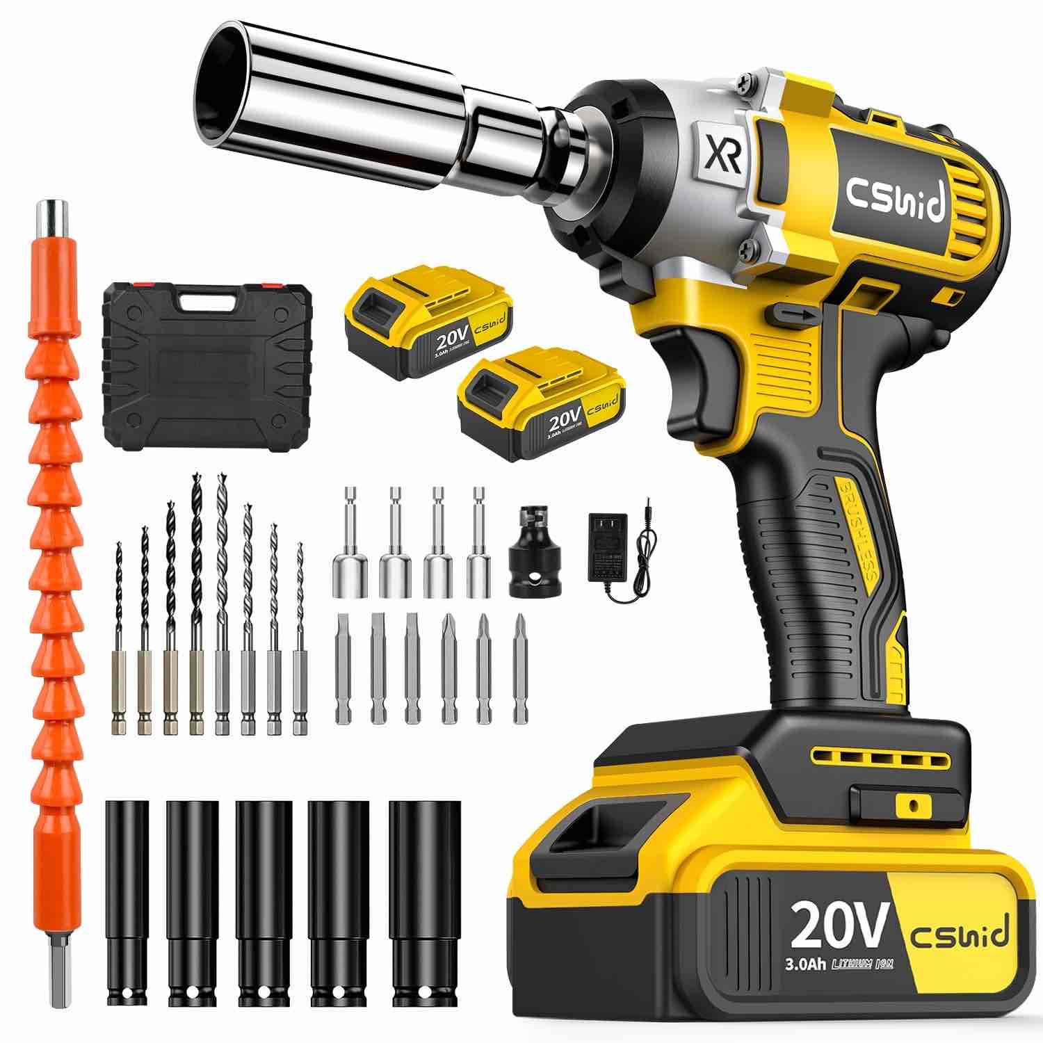 Cordless Impact Wrench 1/2", 20V Powerful Brushless Motor w/ 2-Mode Speed, Power Impact Wrench W/ 5 Sockets,8 Drill,6 Screws, Max Torque 280 ft-lbs (380N.m), Includes 2 x 3.0A