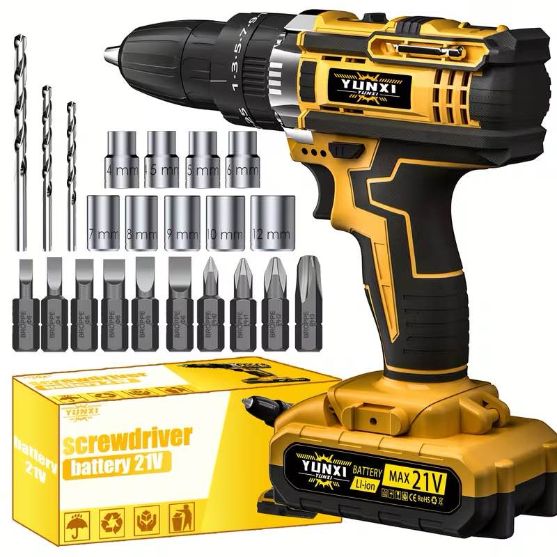 Drill Set Impact Drill with Battery And Quick Charger, Optional Drill Set And Box, Pistol Drill Bit And Electric Screwdriver Function, Work Light Speed Control Torque Adjustment - Suitable for Automotive Home Maintenance | Christmas Gift