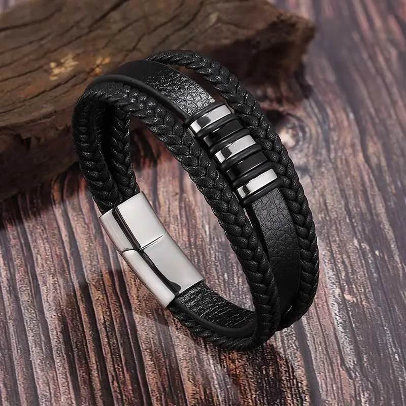 5 pcs Mens Leather Cord Bracelet, European Style Stainless Steel Multi-Layer Woven Bracelet for Men, Casual Wristband