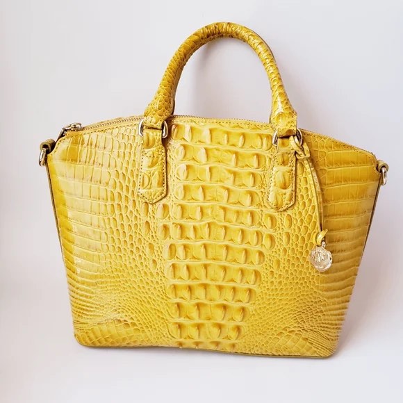 Brahmin Yellow Patent Leather Crocodile Embossed Double Handle Tote Shoulder Bag