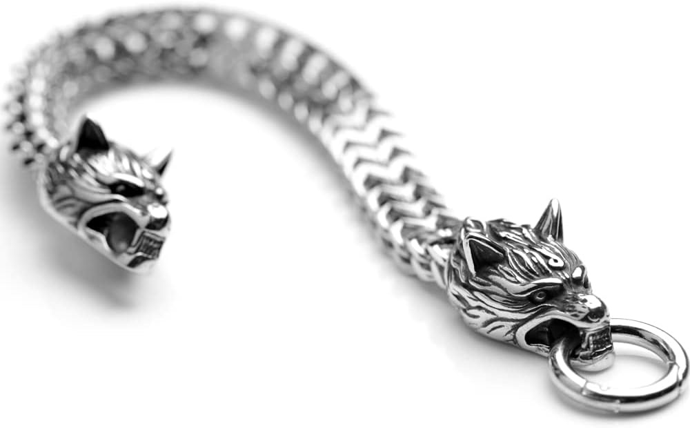Norse Viking Stainless Steel Men's Link Bracelet Punk Wolf Head Curb Chain Bracelet 8.2 in