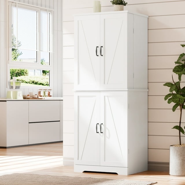 Pantry Cabinets with Drawer Doors Shelves 67 Inches Tall Wooden Food Storage Cabinet Freestanding for Microwave Kitchen Storage Dining Room White